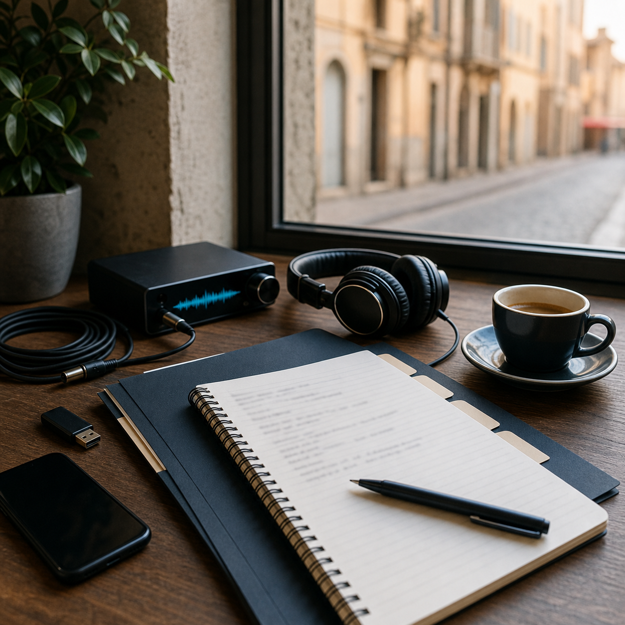 Scena illustrativa di preparazione brief audio con cuffie e appunti