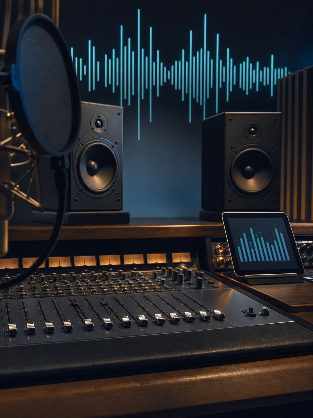 Scena illustrativa di una console di mix e monitor audio